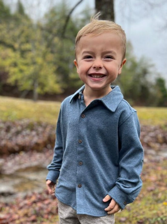 covelLucas Jersey Button Up Shirt - Blue - Premium button up from Me & Henry - Just $28! Shop now at covelboy, kid top, Kids, Toddlercovel