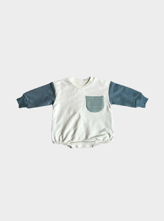 covelKai Colorblock Romper - Stone Blue - Premium romper from babysprouts clothing company - Just $28! Shop now at covel0-12, 12-24, baby, baby sweater, bodysuit, boys, Fairecovel